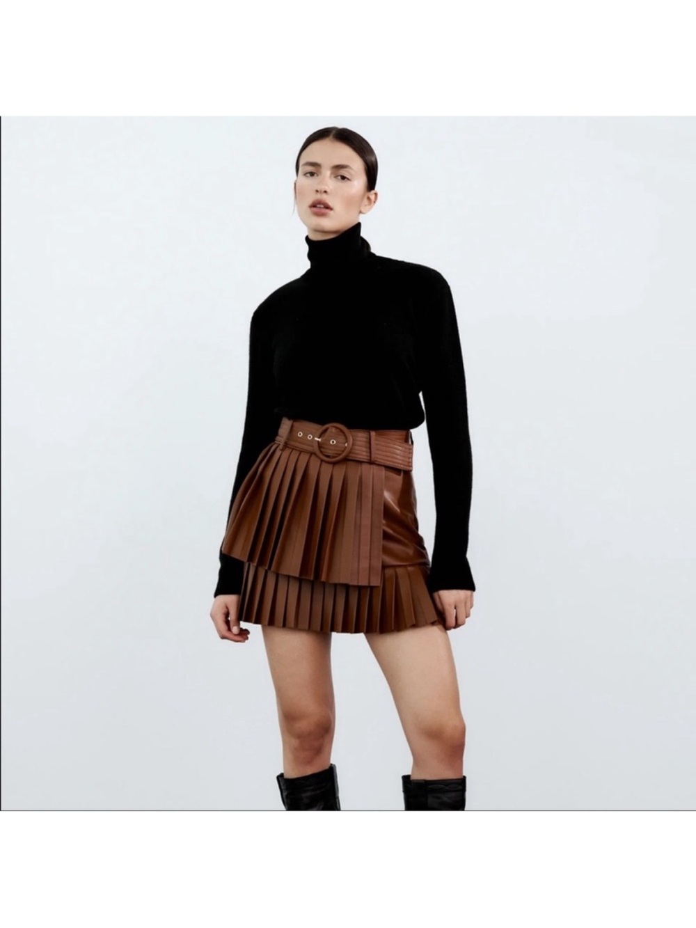 Zara Brown Pleated Faux Leather Mini Skirt with Belt